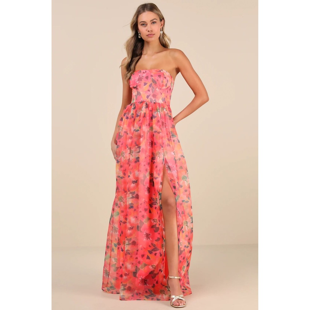 Lulus Wonderful Waltz Coral Floral Print Strapless Bustier Maxi Dress Size XL
